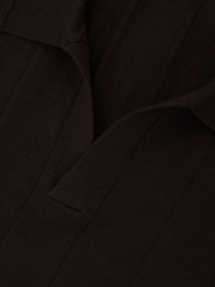 Reiss Chocolate Brown Chelmsford Merino Wool Wide-Rib Polo Jumper - Image 6 of 6
