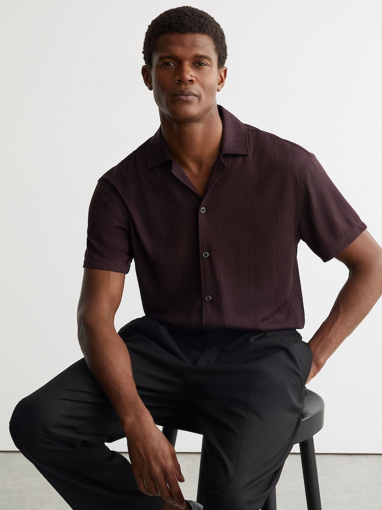 Reiss Cherry Red Ando Jacquard-Stripe Cuban-Collar Shirt - Image 1 of 6 Reiss Cherry Red Ando Jacquard-Stripe Cuban-Collar Shirt - Image 1 of 6