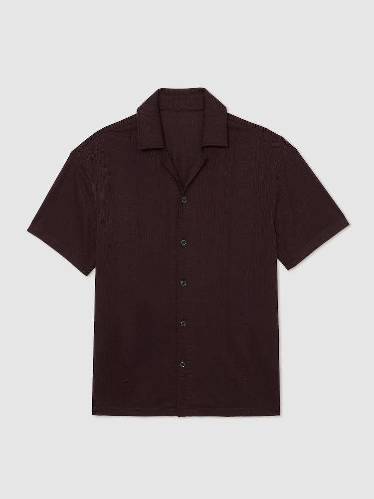 Reiss Cherry Red Ando Jacquard-Stripe Cuban-Collar Shirt - Image 2 of 6 Reiss Cherry Red Ando Jacquard-Stripe Cuban-Collar Shirt - Image 2 of 6