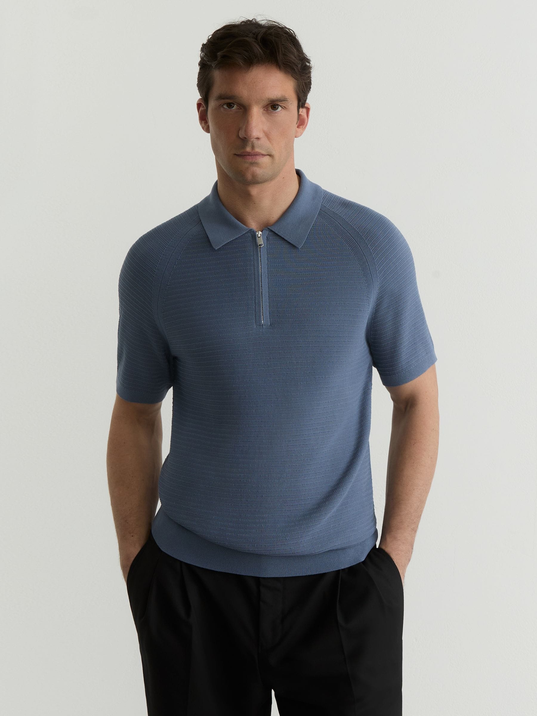 Buy Reiss Airforce Blue Estate Textured-Knit Half-Zip Polo Shirt