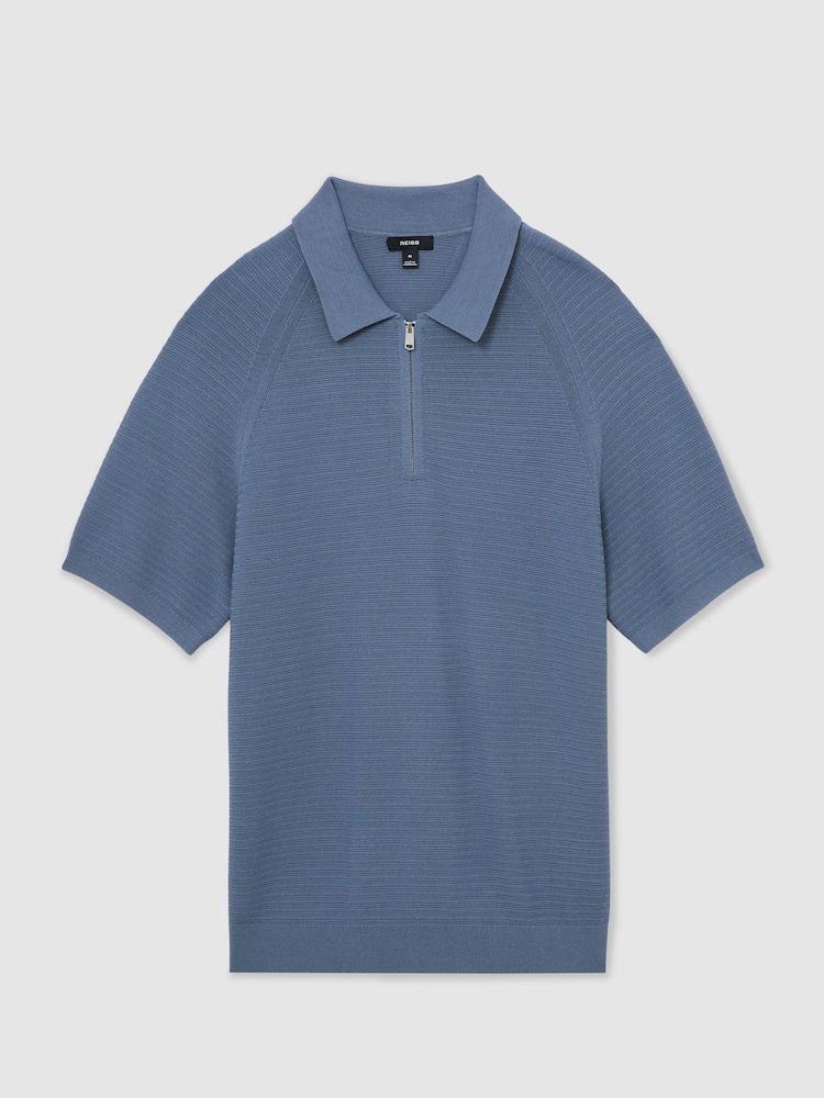 Reiss Airforce Blue Estate Textured-Knit Half-Zip Polo Shirt - Image 2 of 6 Reiss Airforce Blue Estate Textured-Knit Half-Zip Polo Shirt - Image 2 of 6