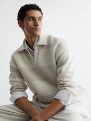 Reiss Off White/Oatmeal Melange Winger Cotton-Blend Open-Collar Rugby Jumper - Image 1 of 7