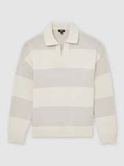 Reiss Off White/Oatmeal Melange Winger Cotton-Blend Open-Collar Rugby Jumper - Image 2 of 7