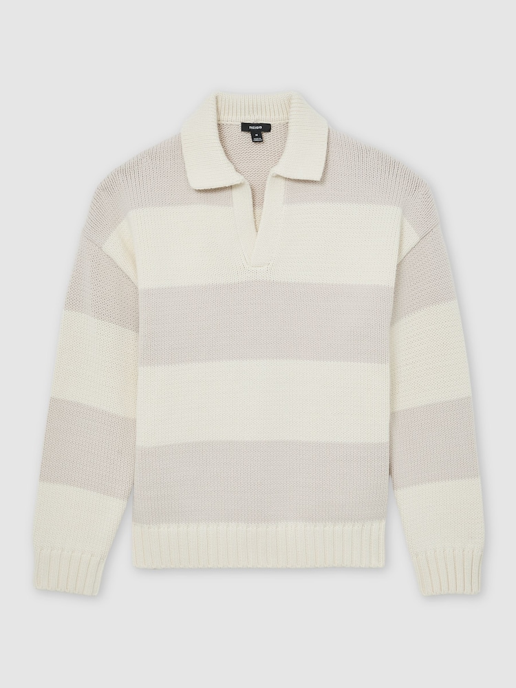 Reiss Off White/Oatmeal Melange Winger Cotton-Blend Open-Collar Rugby Jumper - Image 2 of 7