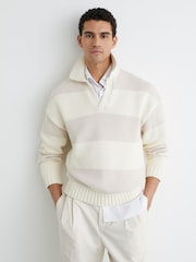 Reiss Off White/Oatmeal Melange Winger Cotton-Blend Open-Collar Rugby Jumper - Image 3 of 7