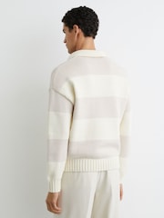 Reiss Off White/Oatmeal Melange Winger Cotton-Blend Open-Collar Rugby Jumper - Image 6 of 7