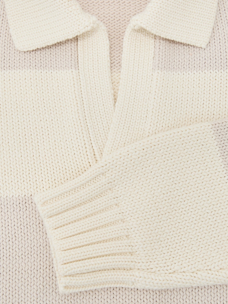 Reiss Off White/Oatmeal Melange Winger Cotton-Blend Open-Collar Rugby Jumper - Image 7 of 7