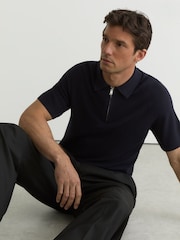 Reiss Navy Estate Textured-Knit Half-Zip Polo Shirt - Image 1 of 7
