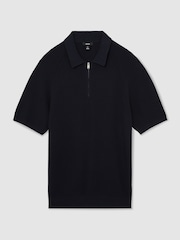 Reiss Navy Estate Textured-Knit Half-Zip Polo Shirt - Image 2 of 7