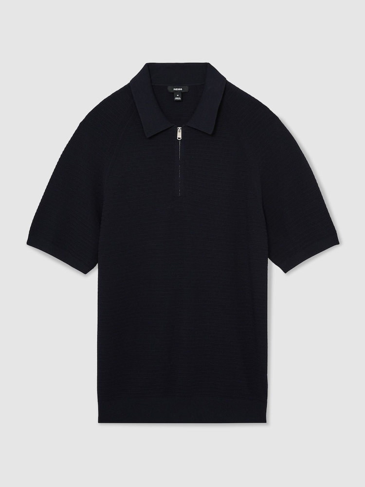 Reiss Navy Estate Textured-Knit Half-Zip Polo Shirt - Image 2 of 7