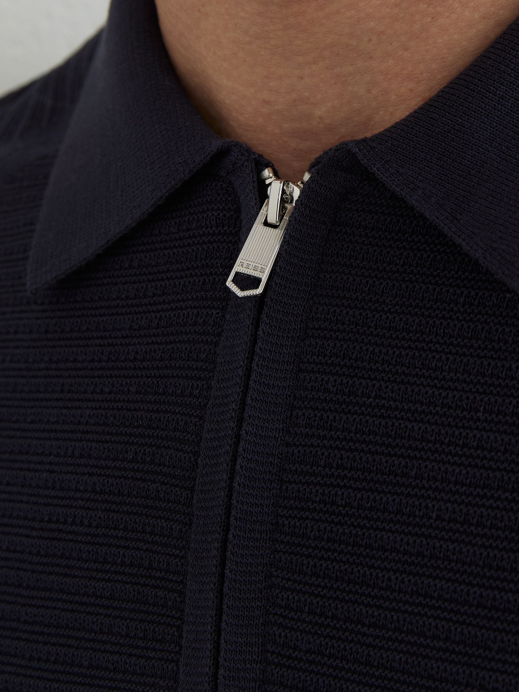 Buy Reiss Navy Estate Textured-Knit Half-Zip Polo Shirt from the