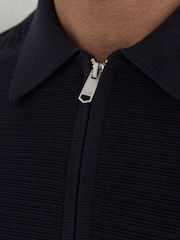 Reiss Navy Estate Textured-Knit Half-Zip Polo Shirt - Image 4 of 7
