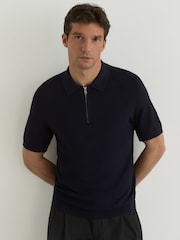 Reiss Navy Estate Textured-Knit Half-Zip Polo Shirt - Image 6 of 7