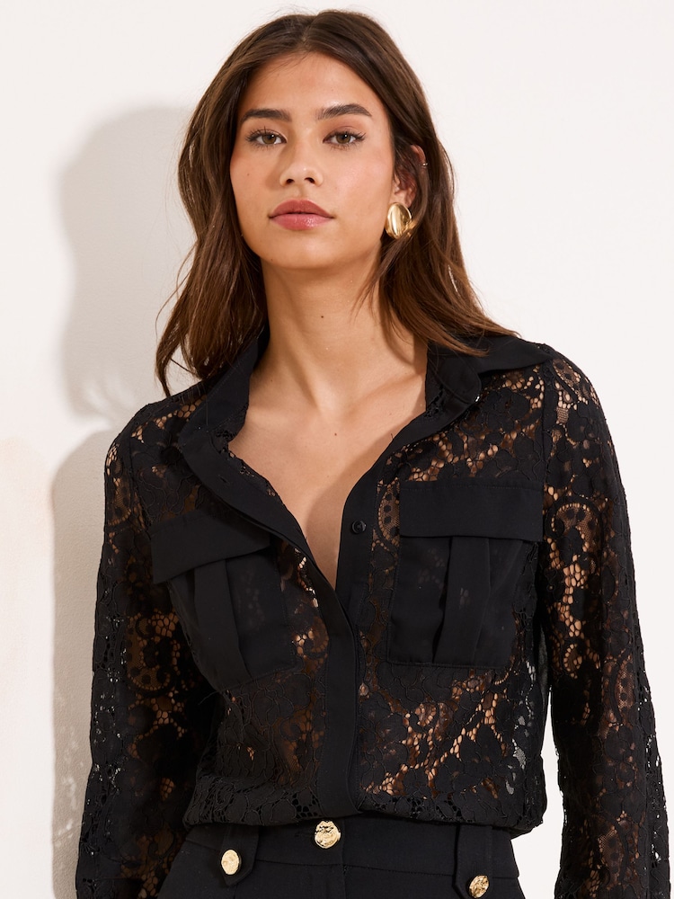 Lipsy Black Lace Satin Pocket Utility Shirt - Image 2 of 4