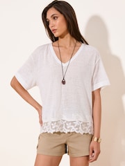 Lipsy White V-Neck Lace Hem T-Shirt - Image 1 of 4