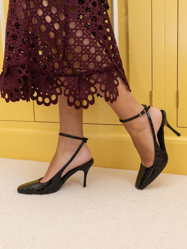 Novo Black Regular Fit Icon Square Toe High Stiletto Slingback Ankle Strap Court Shoes - Image 1 of 6