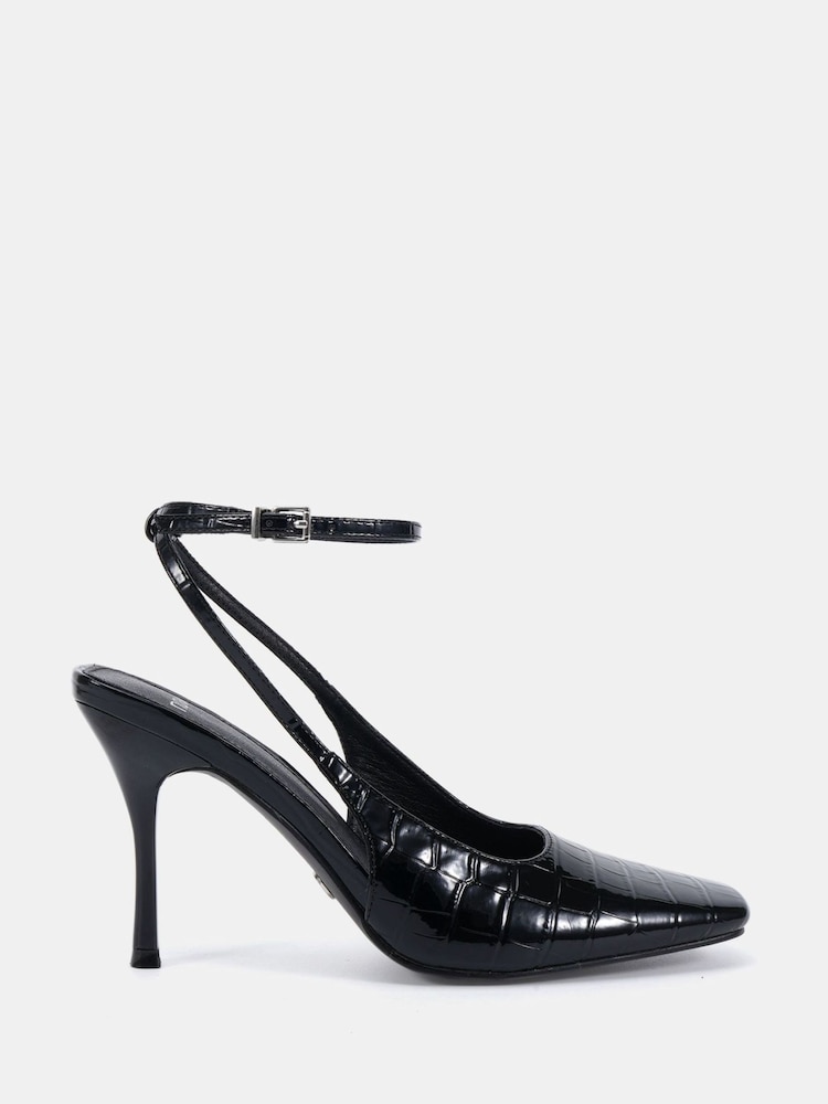 Novo Black Regular Fit Icon Square Toe High Stiletto Slingback Ankle Strap Court Shoes - Image 2 of 6