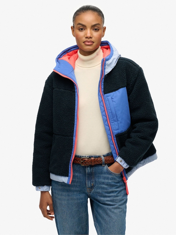 Superdry Blue Vintage Hooded Sherpa Jacket - Image 1 of 6