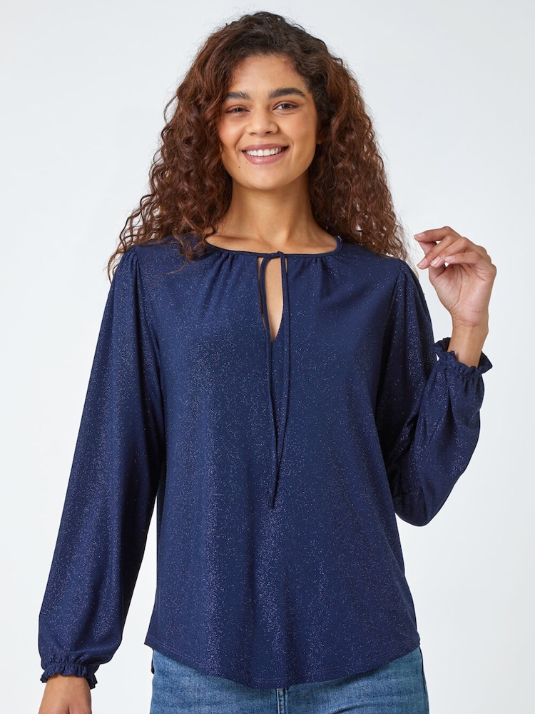 Roman Blue Tie Neck Glitter Stretch Blouse - Image 1 of 5