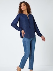 Roman Blue Tie Neck Glitter Stretch Blouse - Image 2 of 5