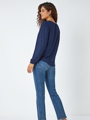 Roman Blue Tie Neck Glitter Stretch Blouse - Image 3 of 5