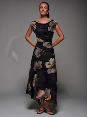 Jolie Moi Black Mesh Asymmetrical Draped Maxi Dress - Image 1 of 6