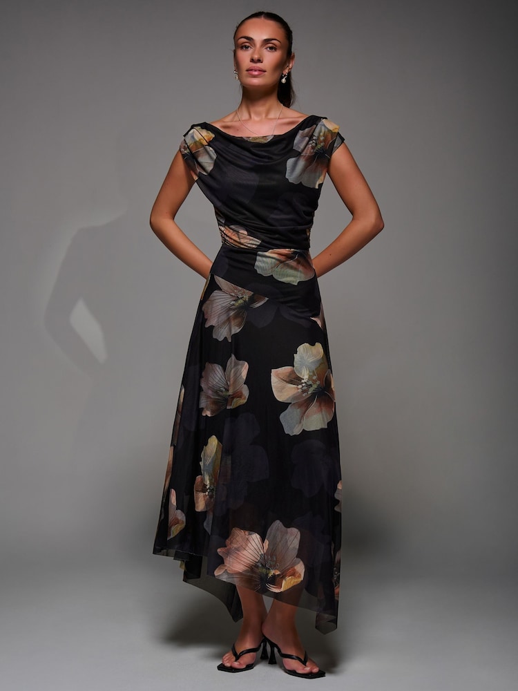 Jolie Moi Black Mesh Asymmetrical Draped Maxi Dress - Image 1 of 6