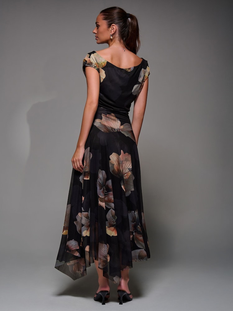 Jolie Moi Black Mesh Asymmetrical Draped Maxi Dress - Image 2 of 6
