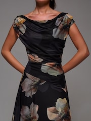 Jolie Moi Black Mesh Asymmetrical Draped Maxi Dress - Image 3 of 6