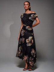 Jolie Moi Black Mesh Asymmetrical Draped Maxi Dress - Image 4 of 6