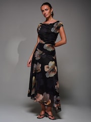 Jolie Moi Black Mesh Asymmetrical Draped Maxi Dress - Image 5 of 6