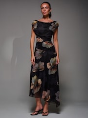 Jolie Moi Black Mesh Asymmetrical Draped Maxi Dress - Image 6 of 6