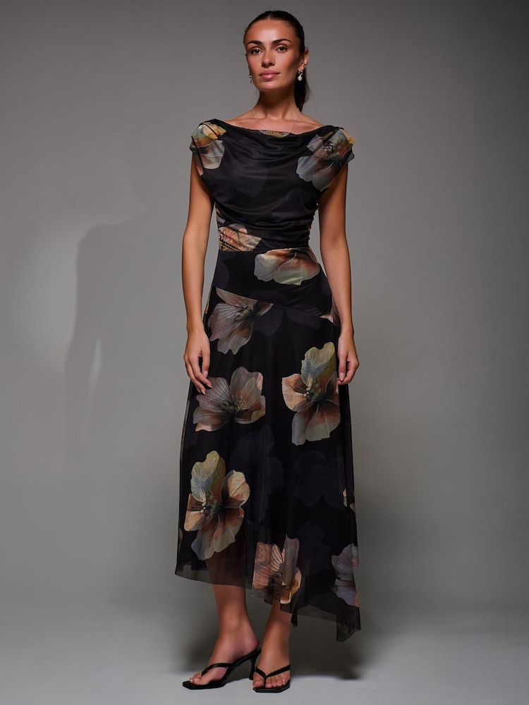 Jolie Moi Black Mesh Asymmetrical Draped Maxi Dress - Image 6 of 6