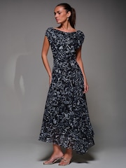 Jolie Moi Black Chrome Mesh Asymmetrical Draped Maxi Dress - Image 1 of 6