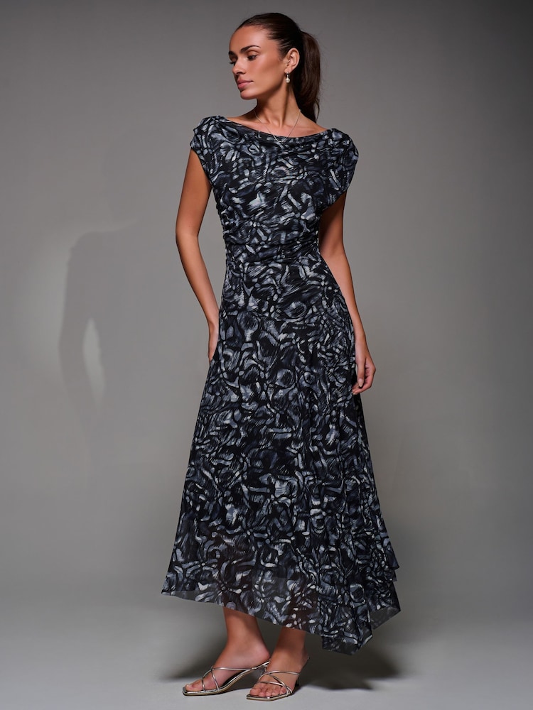 Jolie Moi Black Chrome Mesh Asymmetrical Draped Maxi Dress - Image 1 of 6 Jolie Moi Black Chrome Mesh Asymmetrical Draped Maxi Dress - Image 1 of 6