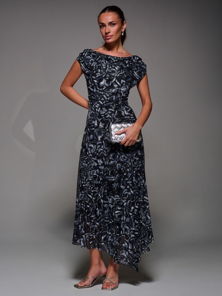 Jolie Moi Black Chrome Mesh Asymmetrical Draped Maxi Dress - Image 6 of 6