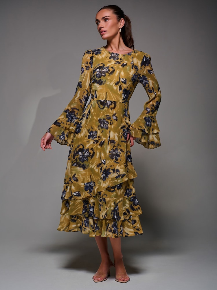 Jolie Moi Yellow Long Sleeve Frill Chiffon Midaxi Dress - Image 1 of 6 Jolie Moi Yellow Long Sleeve Frill Chiffon Midaxi Dress - Image 1 of 6