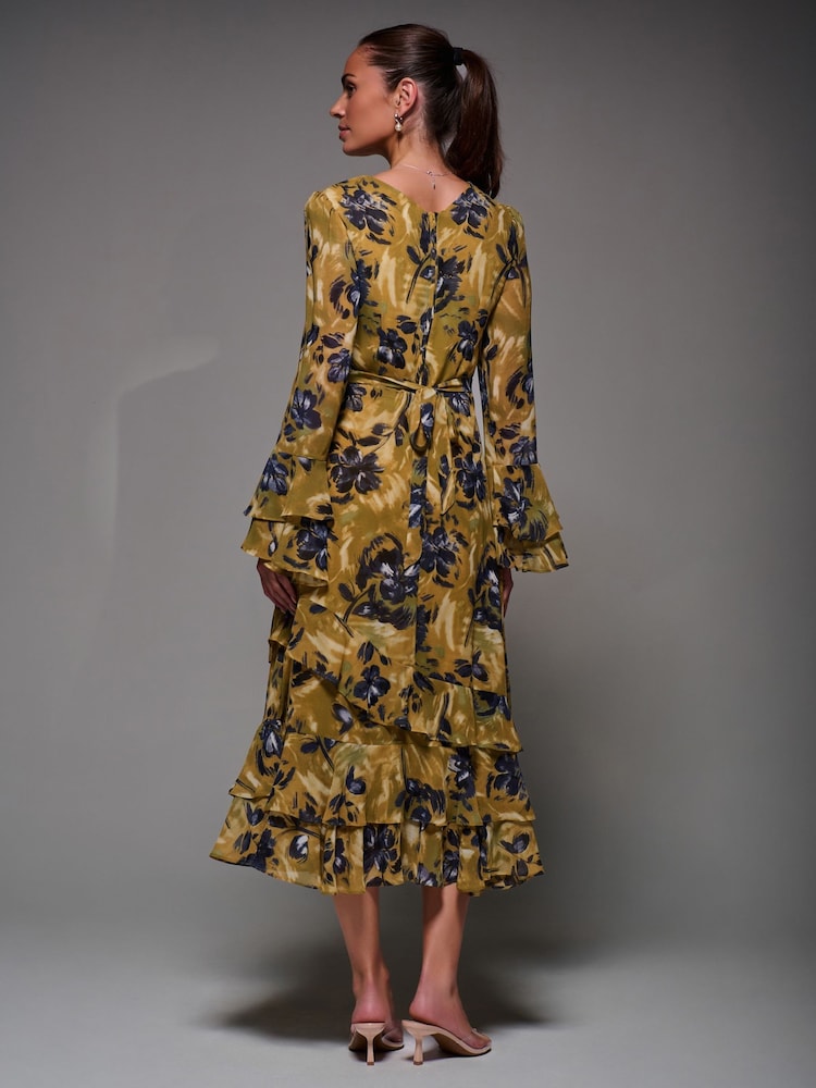 Jolie Moi Yellow Long Sleeve Frill Chiffon Midaxi Dress - Image 2 of 6 Jolie Moi Yellow Long Sleeve Frill Chiffon Midaxi Dress - Image 2 of 6