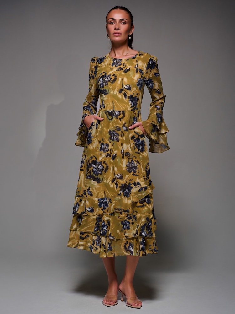 Jolie Moi Yellow Long Sleeve Frill Chiffon Midaxi Dress - Image 6 of 6 Jolie Moi Yellow Long Sleeve Frill Chiffon Midaxi Dress - Image 6 of 6