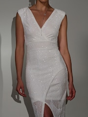 Jolie Moi White V-Neck Sequin Bodycon Wrap Hem Midi Dress - Image 3 of 6