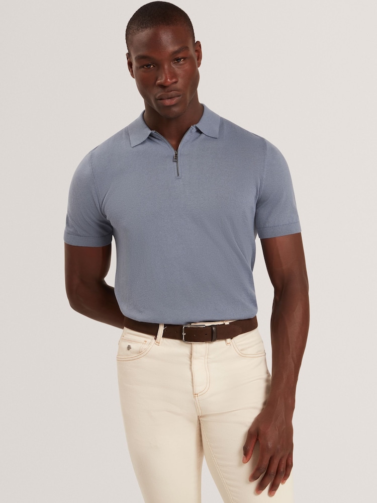 Ted Baker Blue GIVRANS Short Sleeve Silk Blend Zip Polo Shirt - Image 1 of 5