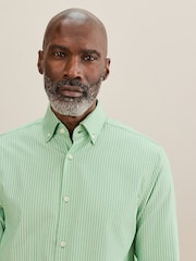 Green/White Slim Fit Signature Cotton Button Down Collar Smart Stripe Shirt - Image 1 of 7