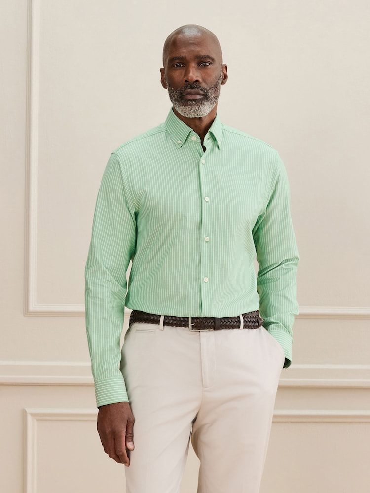 Green/White Slim Fit Signature Cotton Button Down Collar Smart Stripe Shirt - Image 2 of 7 Green/White Slim Fit Signature Cotton Button Down Collar Smart Stripe Shirt - Image 2 of 7