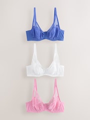 Blue/Pink/White DD+ Non Padded Full Cup Lace Bras 3 Pack - Image 1 of 10