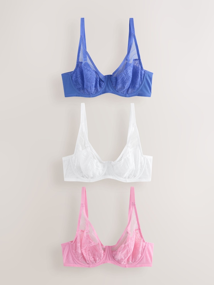 Blue/Pink/White DD+ Non Padded Full Cup Lace Bras 3 Pack - Image 1 of 10 Blue/Pink/White DD+ Non Padded Full Cup Lace Bras 3 Pack - Image 1 of 10