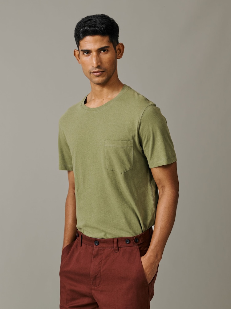 أخضر - Aubin Aldam Cotton Linen T-Shirt - صورة 1 من 5