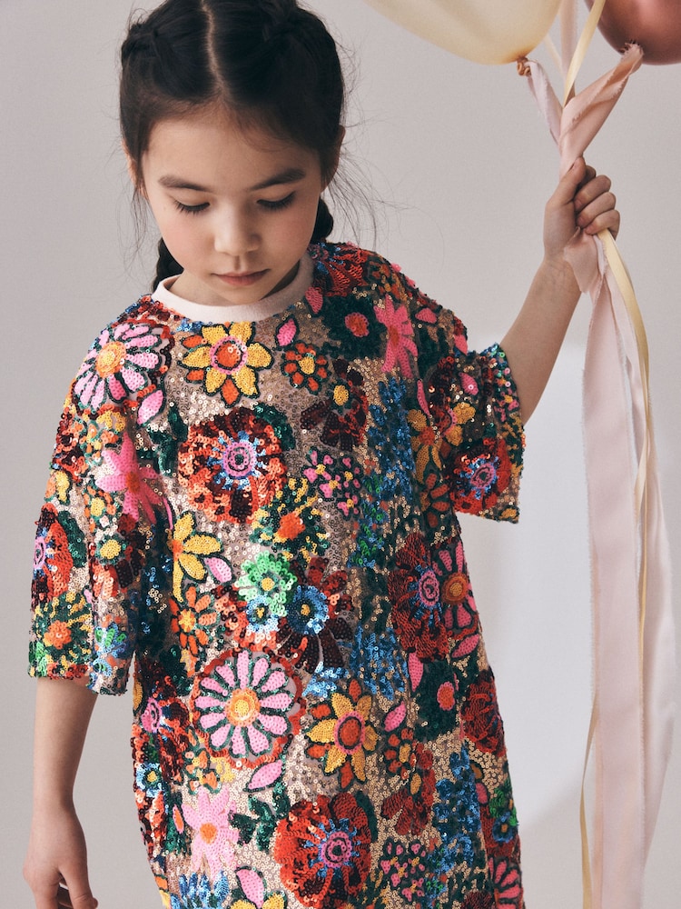 Multi Pink Floral Sequin T-Shirt Dress (3-16yrs) - Image 2 of 8