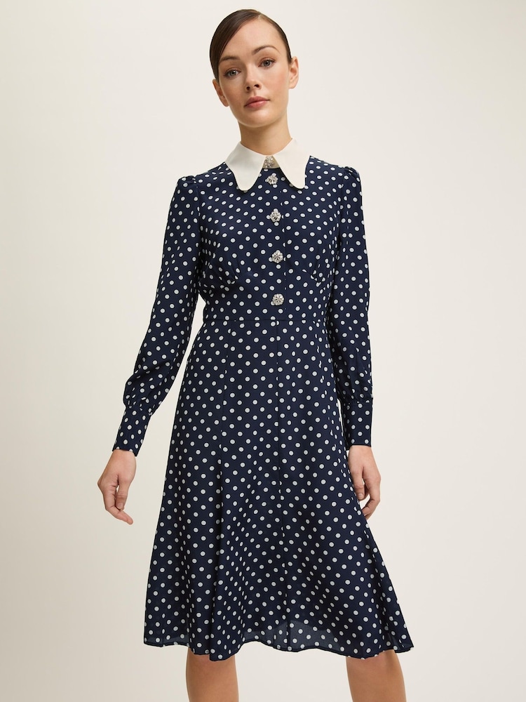 LK Bennett Blue Mathilde Polka Dot Silk Tea Dress - Image 1 of 3 LK Bennett Blue Mathilde Polka Dot Silk Tea Dress - Image 1 of 3