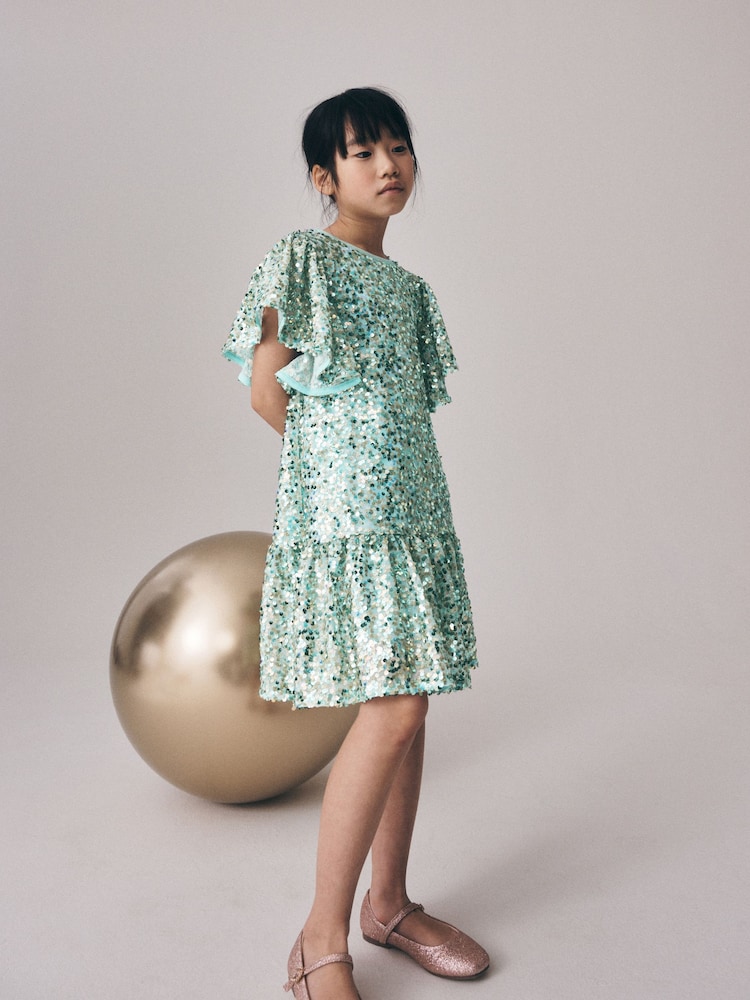 Mint Green Angel Sleeve Sequin Peplum Party Dress (3-16yrs) - Image 1 of 8