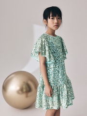 Mint Green Angel Sleeve Sequin Peplum Party Dress (3-16yrs) - Image 3 of 8